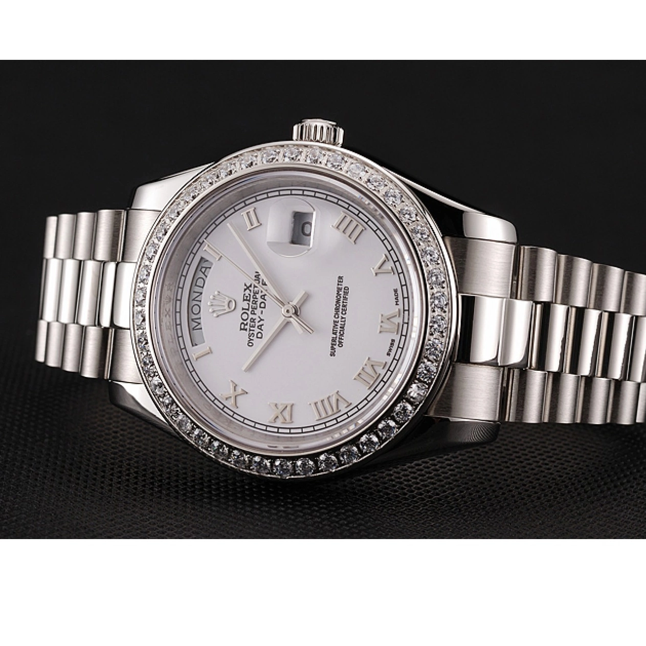 Aaa replica watch Diamond Swiss 1453967 Case Bracelet Rolex Dial White Stainless Day-Date Steel 0528